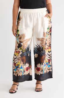 T Tahari Tropical Print Side Border Wide Leg Pants