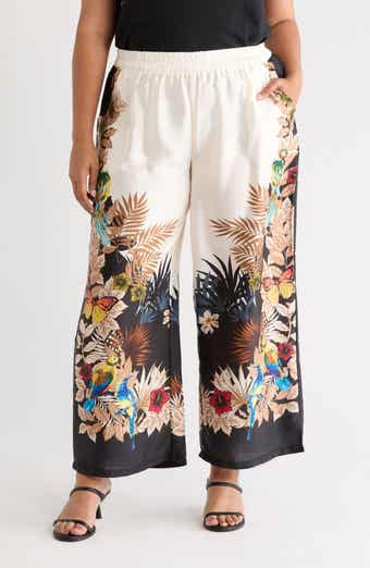 T Tahari Tropical Print Side Border Wide Leg Pants
