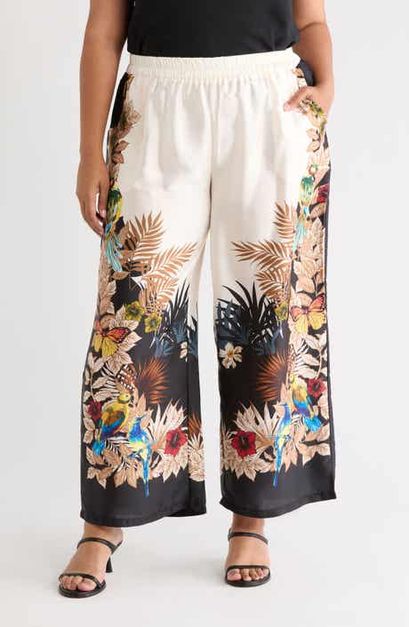 T Tahari Tropical Print Side Border Wide Leg Pants
