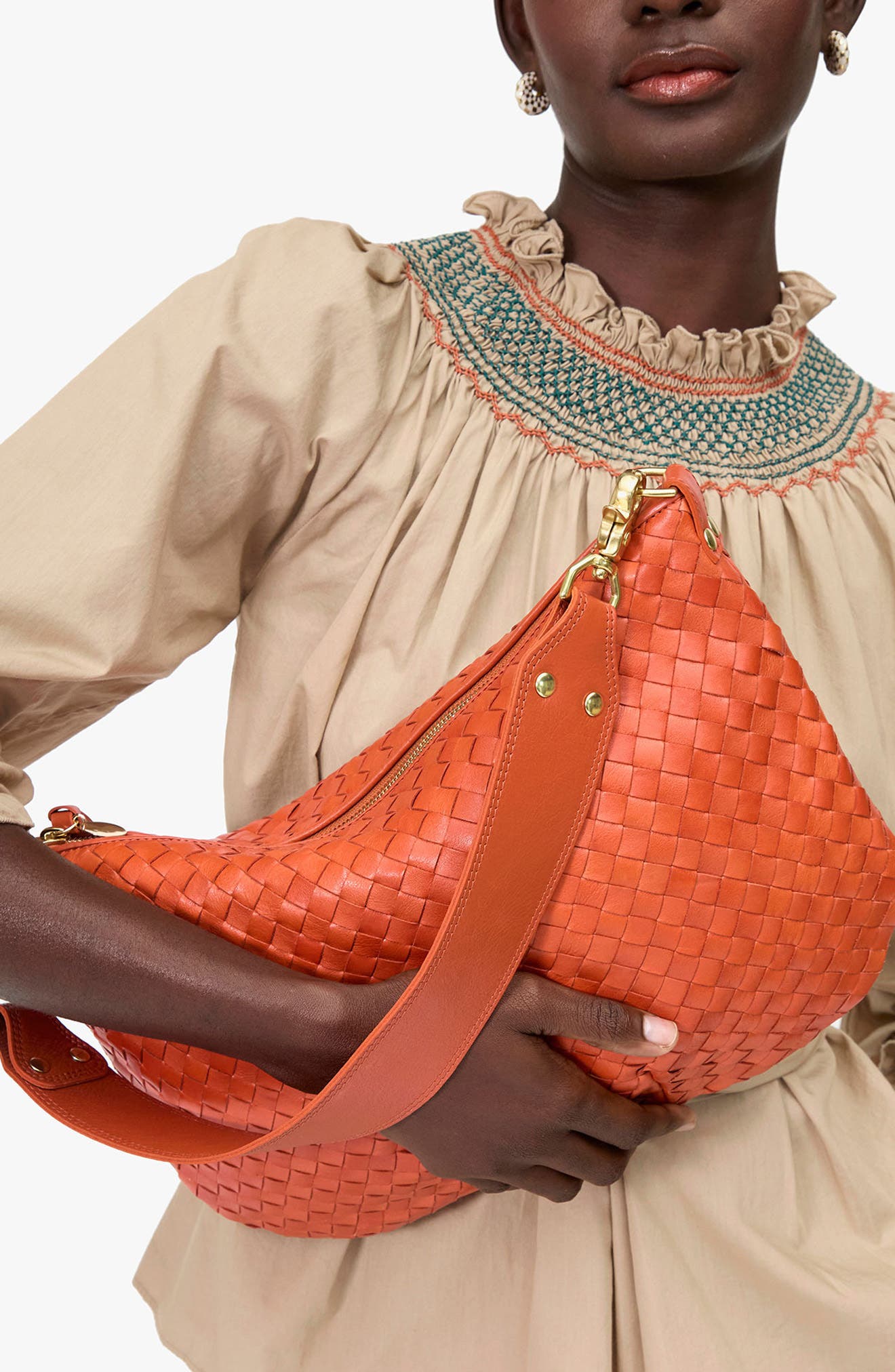 Clare V. Medium Moyen Woven Leather Messenger Bag, Alternate, color, Saltillo