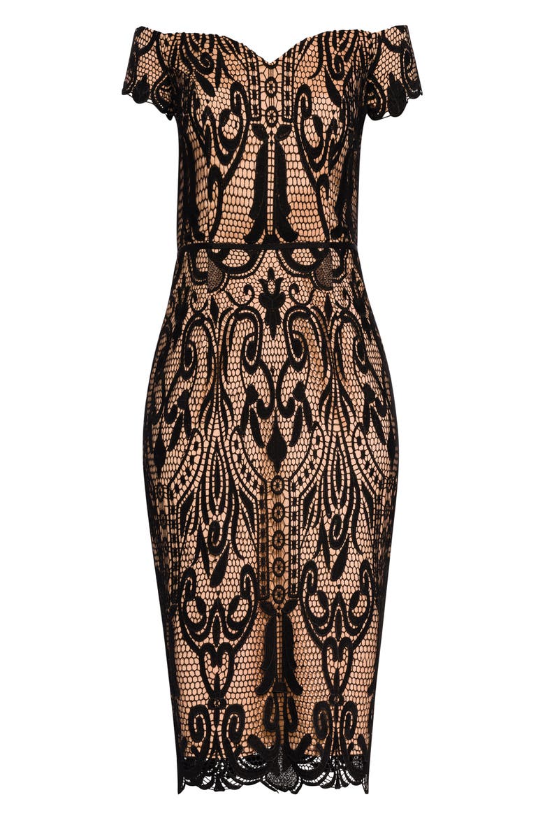 Off the Shoulder Decadent Lace Cocktail Dress, Alternate, color, BLACK / NUDE