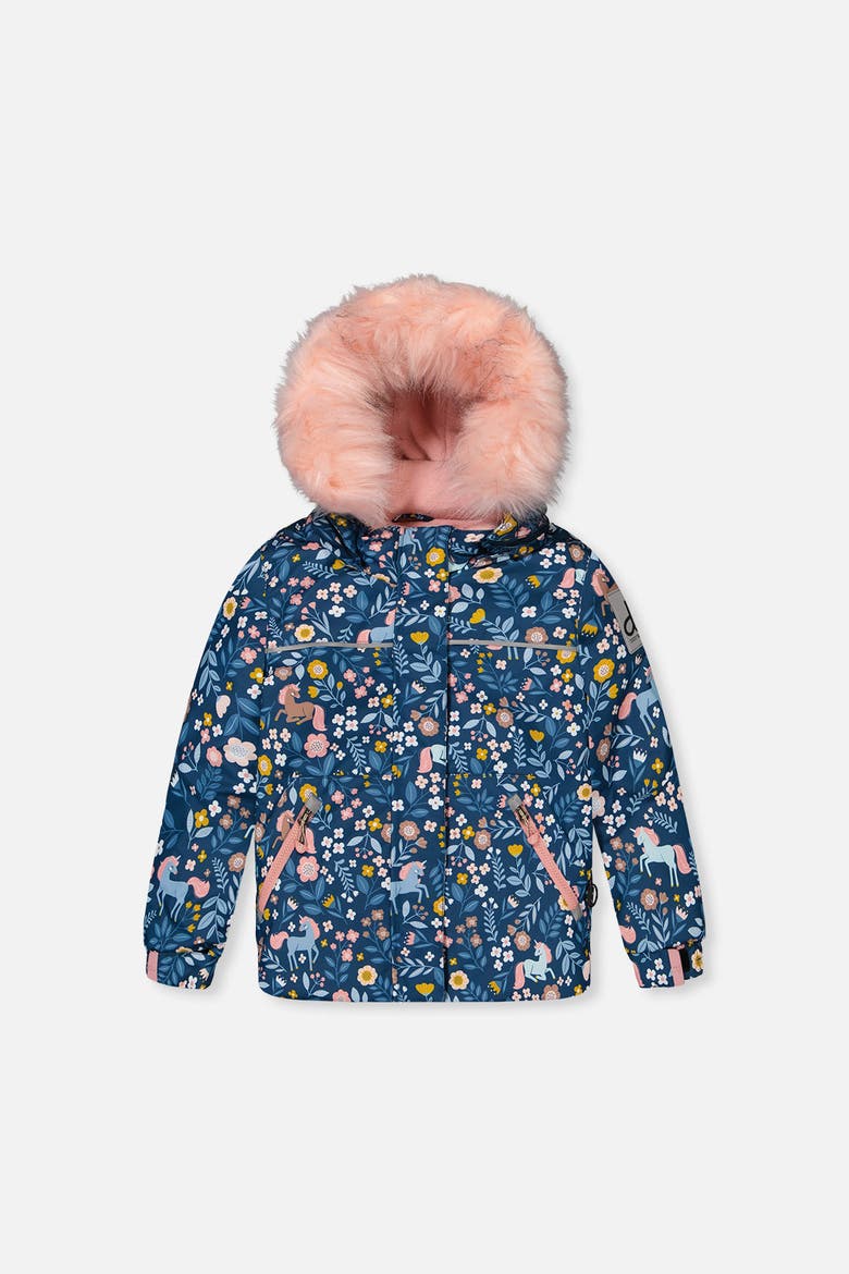 Discover Unicorn Faux Fur Hood Jacket & Suspender Pants Two Piece Snowsuit, Alternate, color, Blue and Pink Unicorn Print