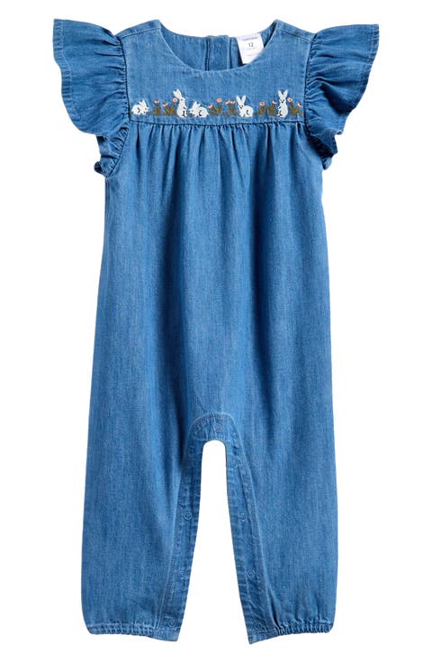Embroidered Flutter Sleeve Denim Romper (Baby)