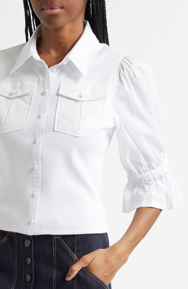 Cinq à Sept Lyric Mixed Media Stretch Cotton Button-Up Shirt, Alternate, color, White
