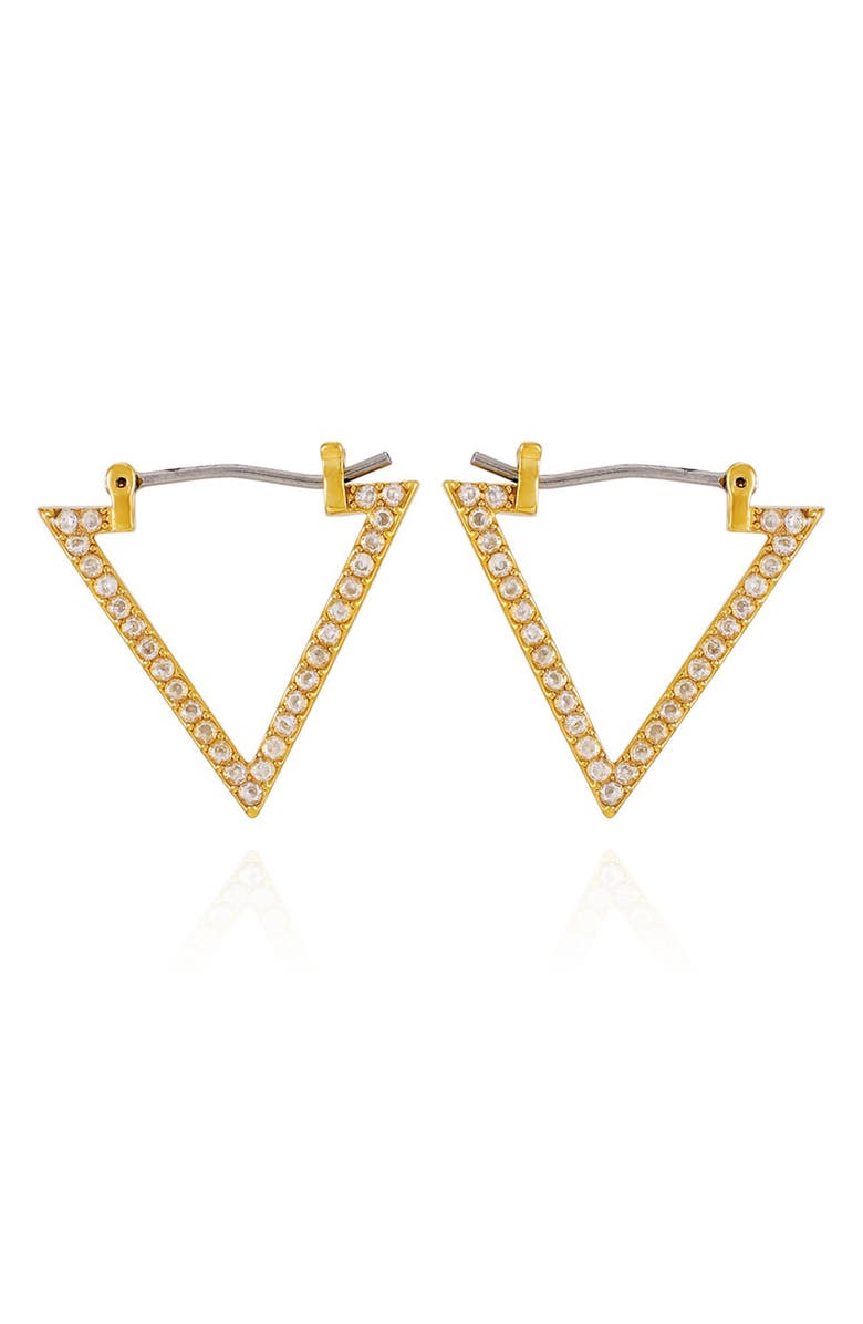 GUESS Cubic Zirconia Pavé Triangle Hoop Earrings, Main, color, Goldtone