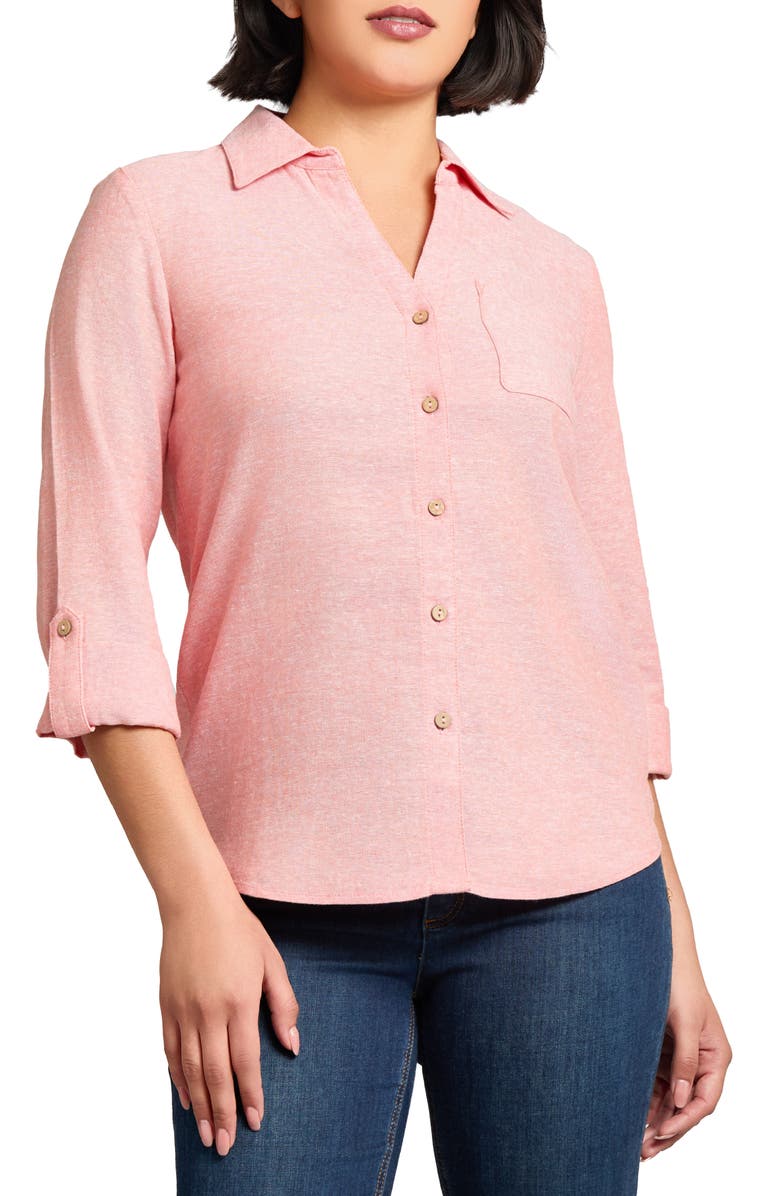 Jones New York Roll-Tab Sleeve Linen Blend Shirt, Main, color,