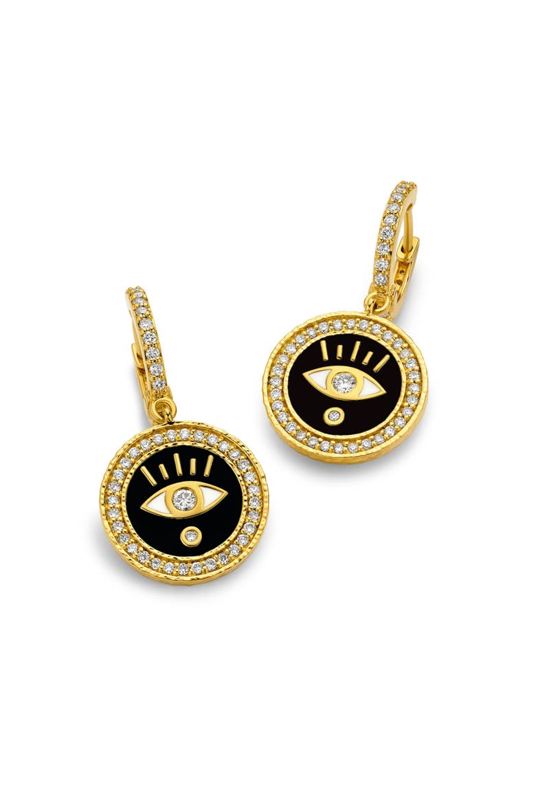 Enameled Evil Eye Huggie Earrings with Diamonds, Main, color, Black