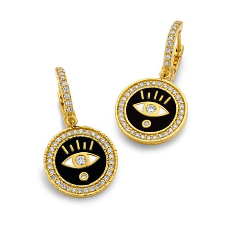 Enameled Evil Eye Huggie Earrings with Diamonds