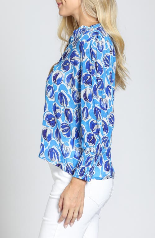 Apny Print Smocked Cuff Top In Blue Multi