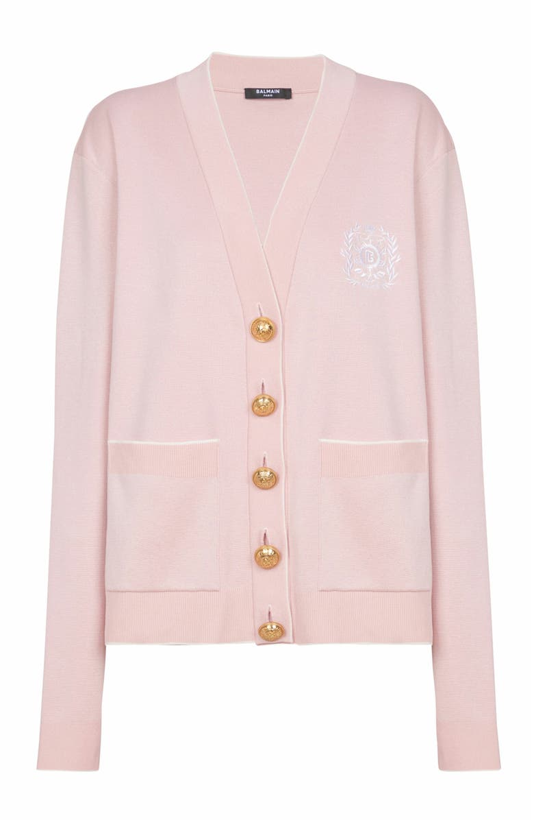 Balmain Emblème-Embroidered Knit Cardigan, Alternate, color, Pink