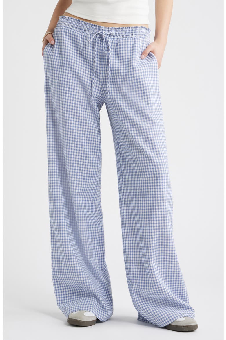 Linen Blend Beach Pants, Main, color, BLUE- WHITE DEMI GINGHAM