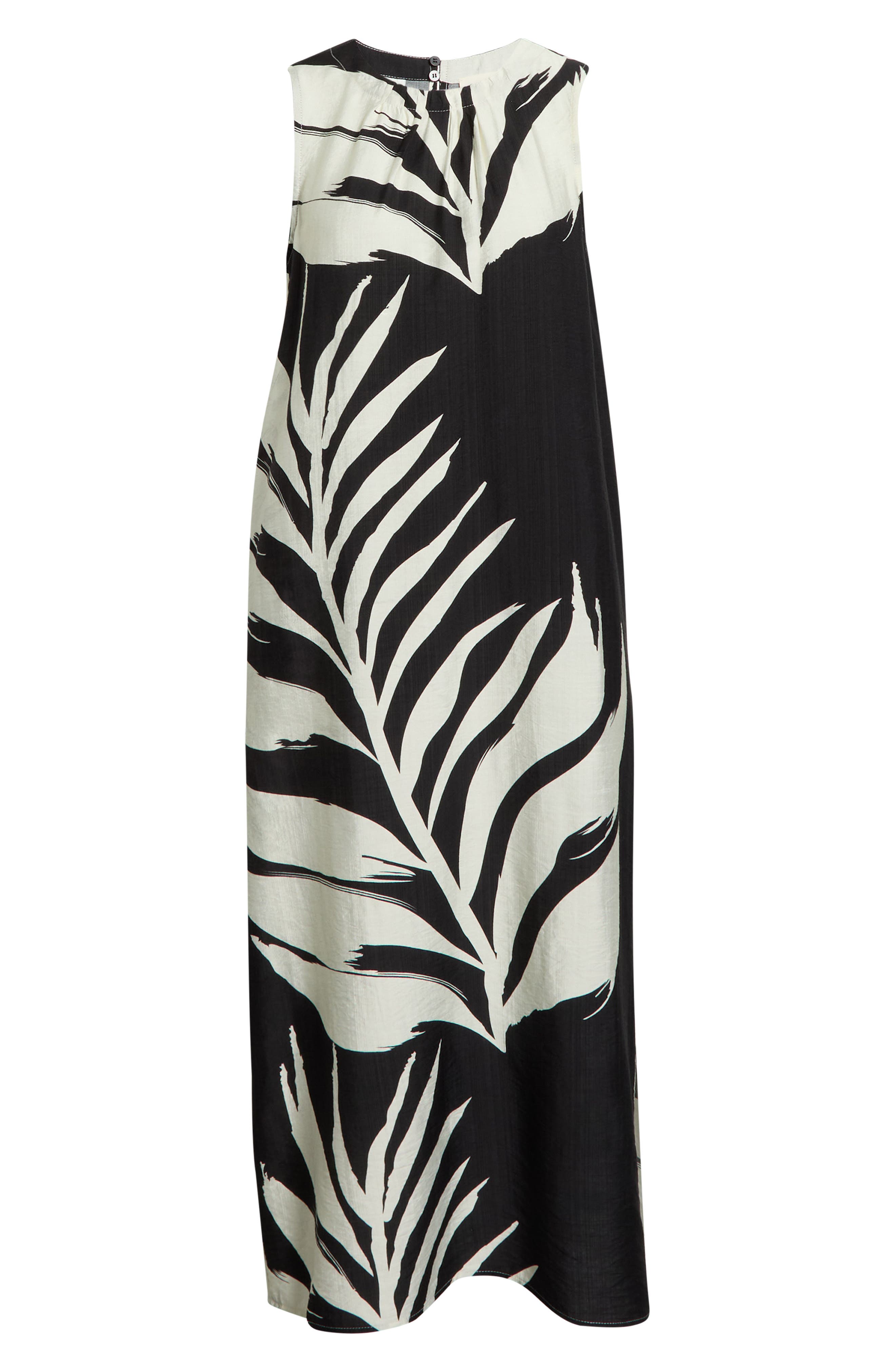Melloday Palm Print Sleeveless Shift Midi Dress In Black