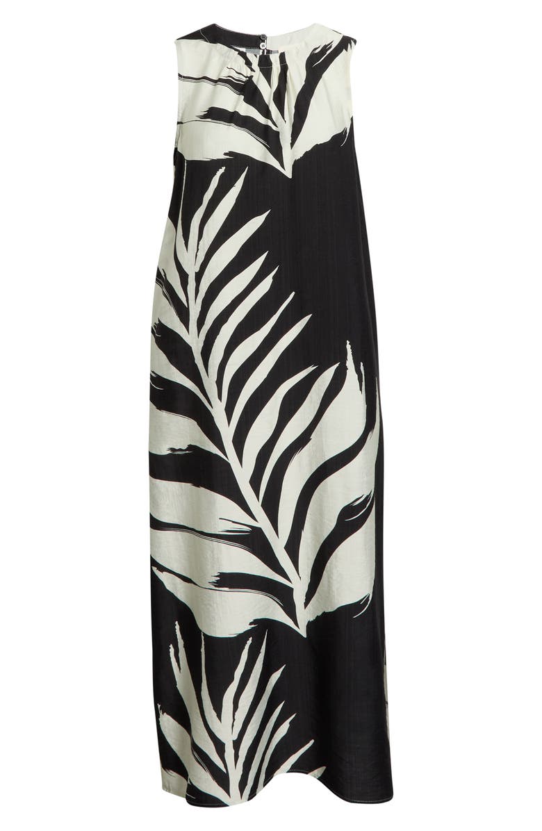 MELLODAY Palm Print Sleeveless Shift Midi Dress, Main, color, Black Bone Leaf
