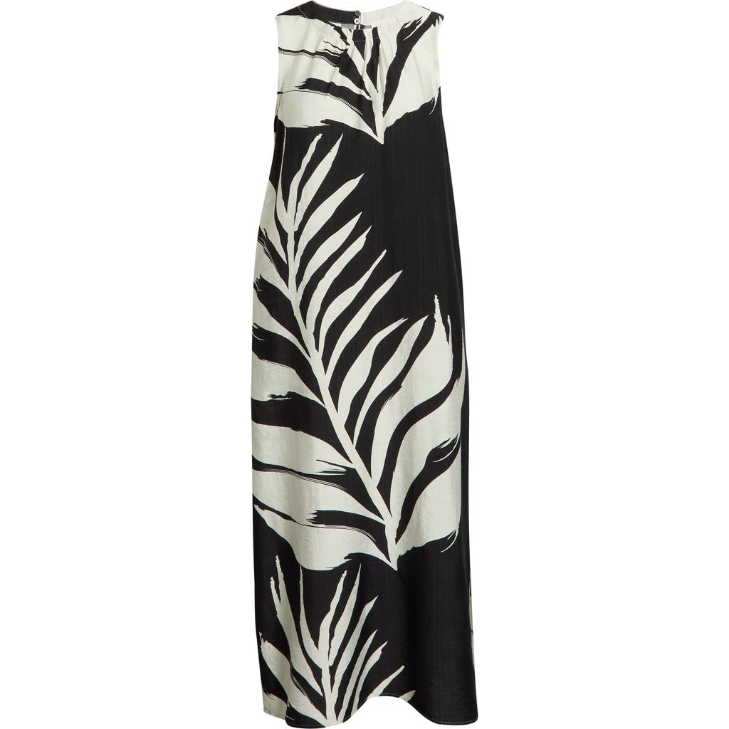 Melloday Palm Print Sleeveless Shift Midi Dress In Black