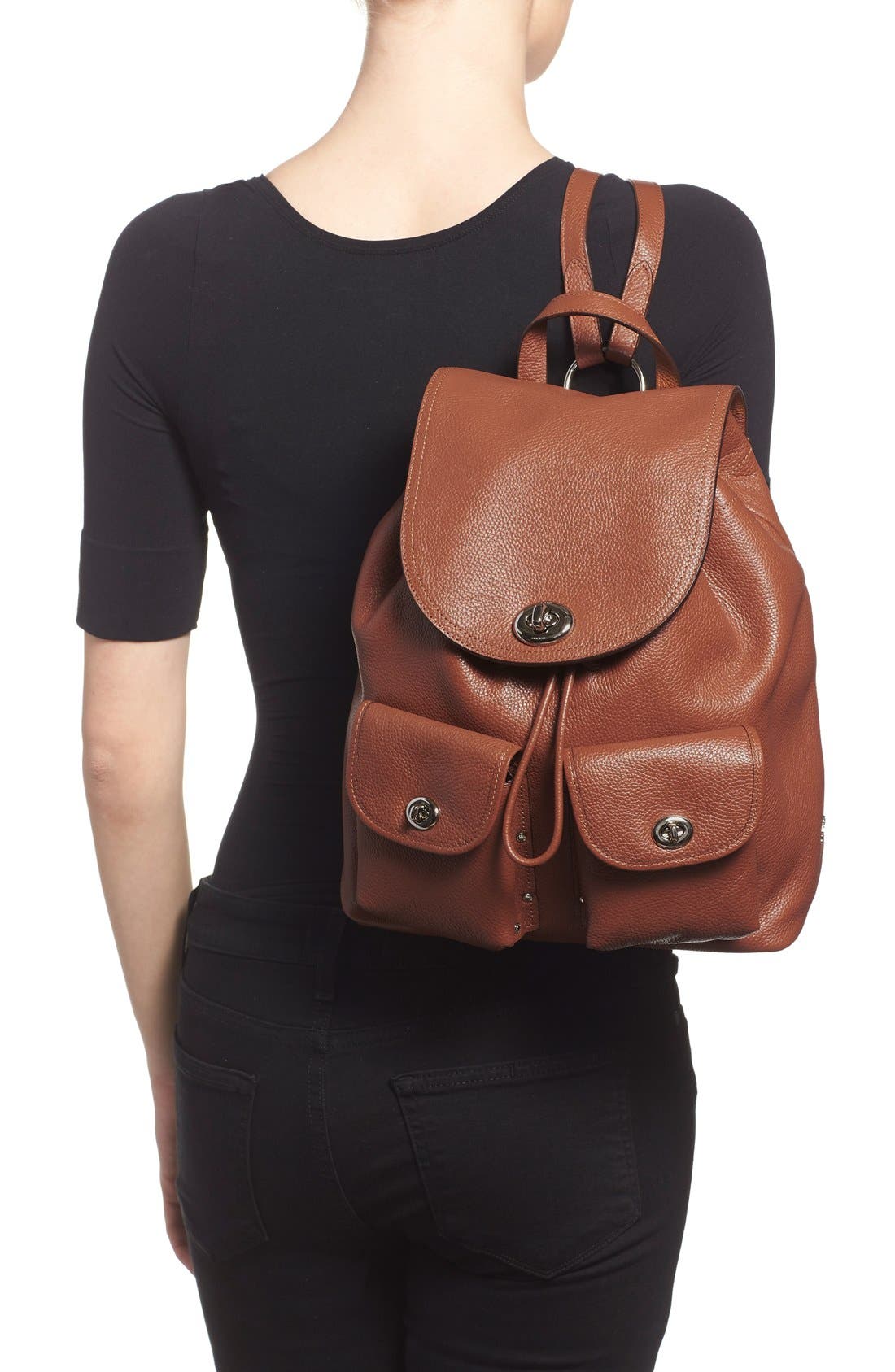 Pebbled Leather Rucksack, Alternate, color, SADDLE/ SILVER