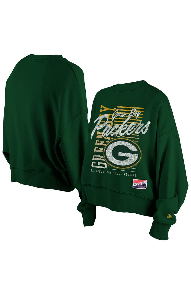New Era Women's New Era Green Green Bay Packers Oversized Throwback Mineral Wash Crew Neck Sweatshirt, Main, color, 