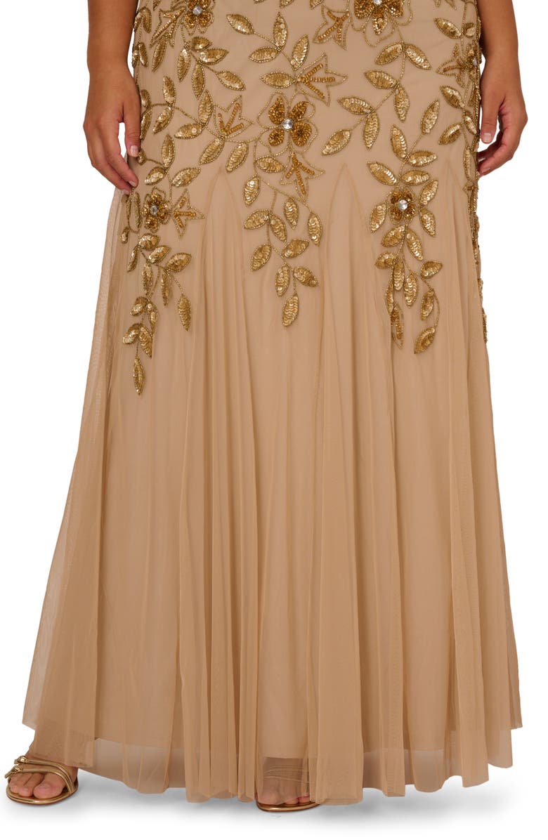 Adrianna Papell Beaded Floral Godet Gown, Alternate, color, Champagne Gold