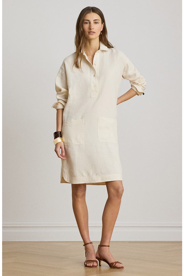 Classic Collar Long Sleeve Linen Shirtdress, Alternate, color, MASCARPONE CREAM