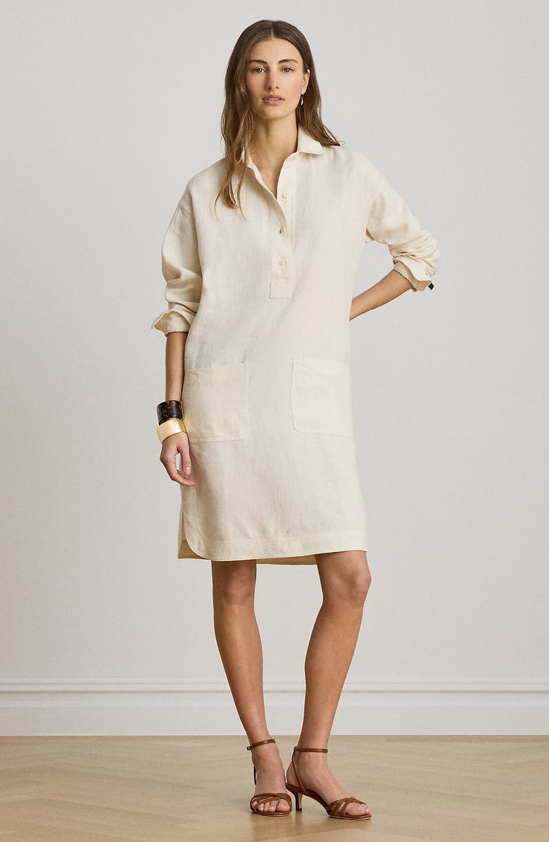 Lauren Ralph Lauren Classic Collar Long Sleeve Linen Shirtdress, Alternate, color, Mascarpone Cream
