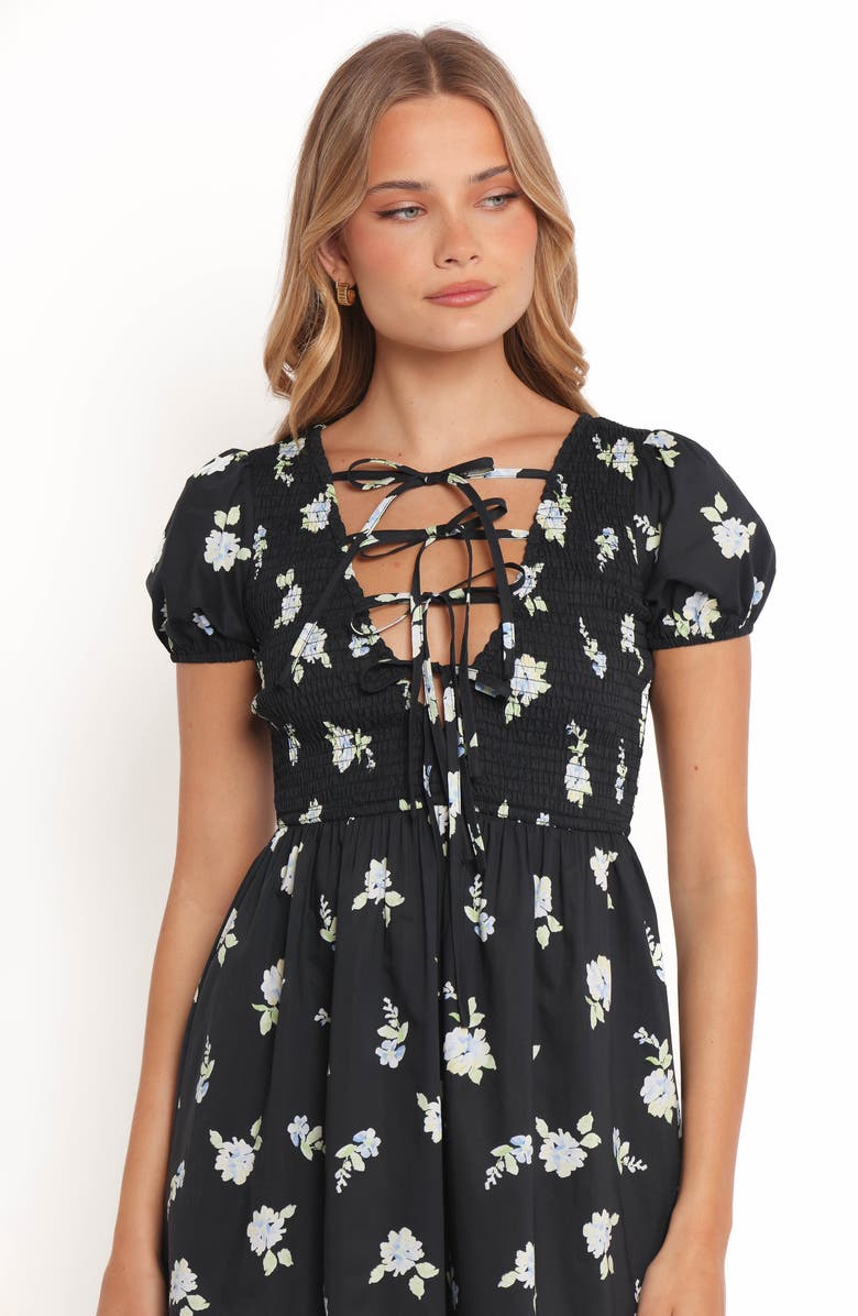 Petal & Pup Winny Smocked Tie Front Minidress, Alternate, color, Navy Floral