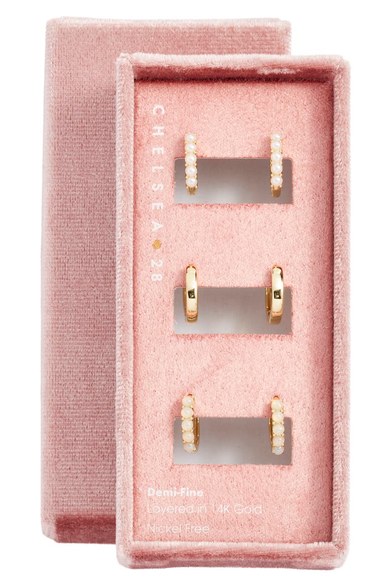 Gift Boxed Set of 3 Demi Fine Huggie Hoop Earrings, Main, color, WHITE- CLEAR- GOLD
