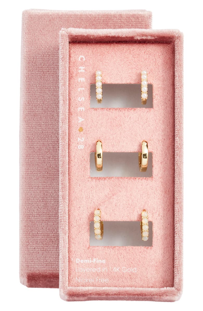 Chelsea28 Set of 3 Demi Fine Huggie Hoop Earrings, Main, color, White- Clear- Gold