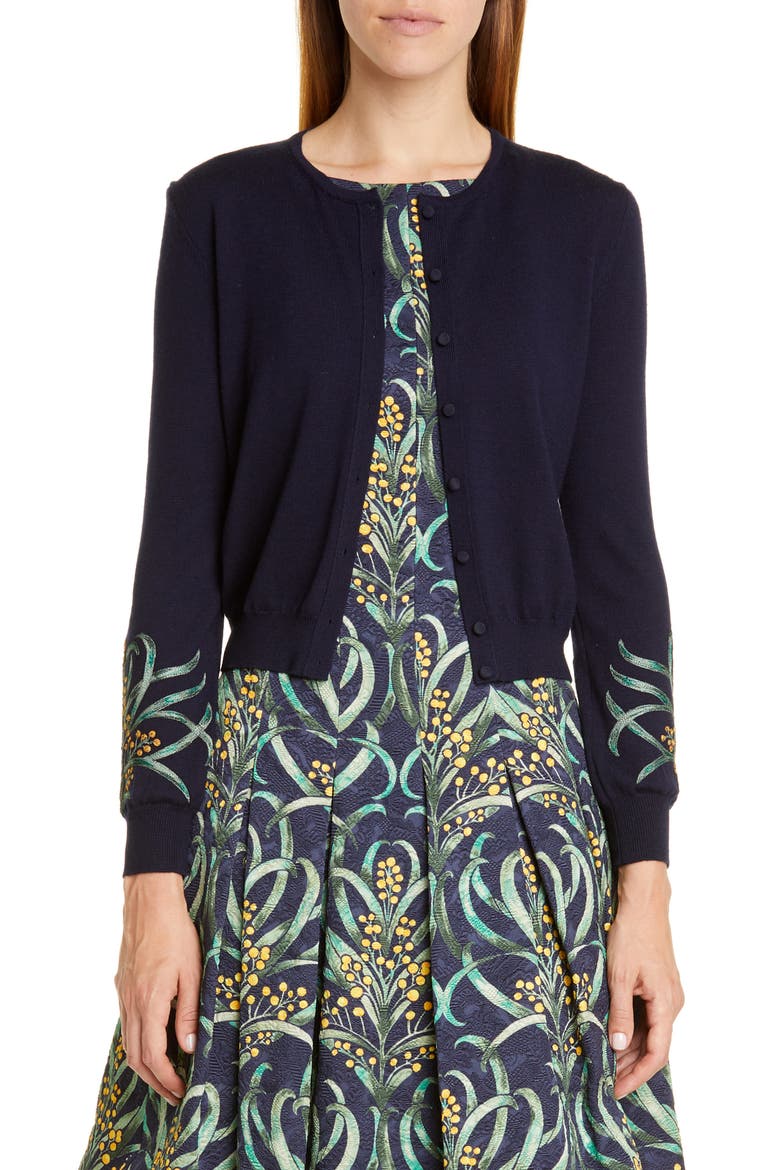Mimosa Stems Embroidered Wool Cardigan, Main, color, NAVY