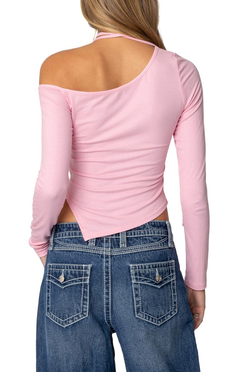 EDIKTED Long Sleeve Asymmetric Crop Top & Choker, Alternate, color, Light-Pink