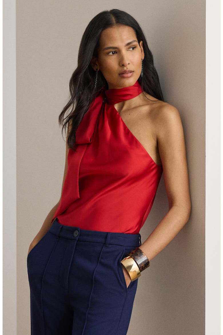 Tie Neck Asymmetric Charmeuse Halter Top, Alternate, color, CRUISE RED