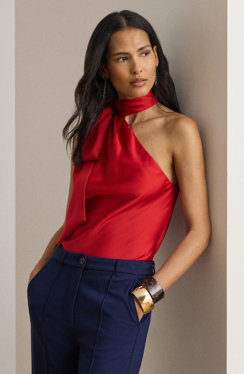 Lauren Ralph Lauren Tie Neck Asymmetric Charmeuse Halter Top, Alternate, color, Cruise Red