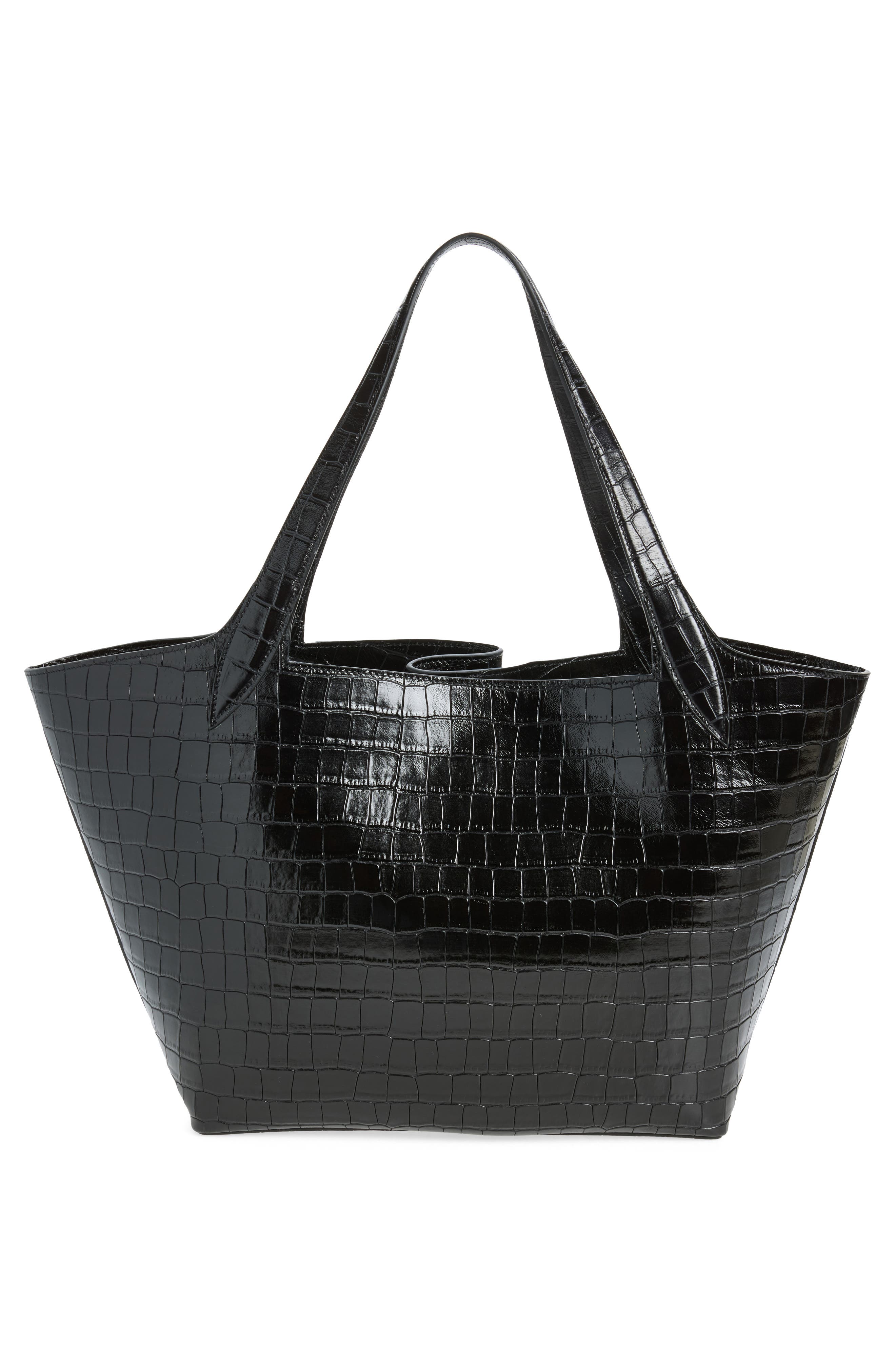Belted Croc Embossed Leather Tote, Alternate, color, BLACK