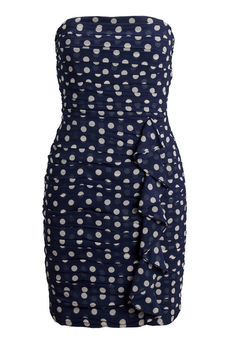 Ruched Polka Dot Strapless Cocktail Dress, Alternate, color, NAVY BLUE/ CREAM