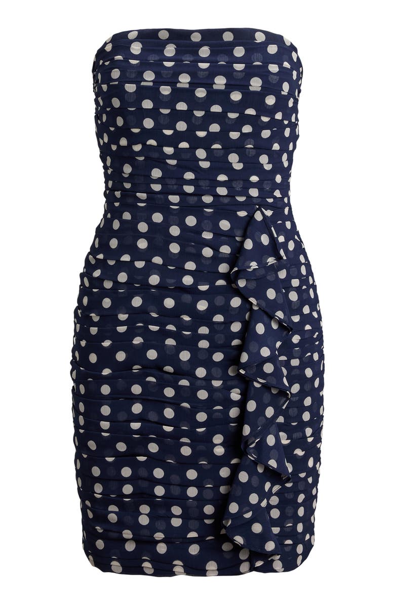 Lauren Ralph Lauren Ruched Polka Dot Strapless Cocktail Dress, Alternate, color, Navy Blue/ Cream