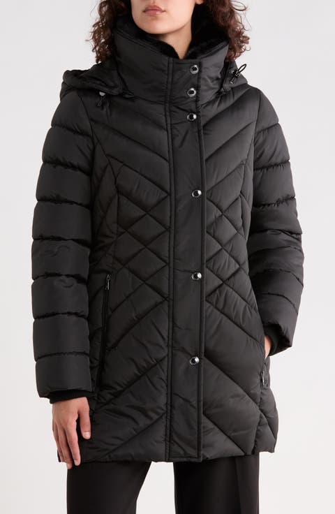 Puffer Coat with Faux Fur Collar
