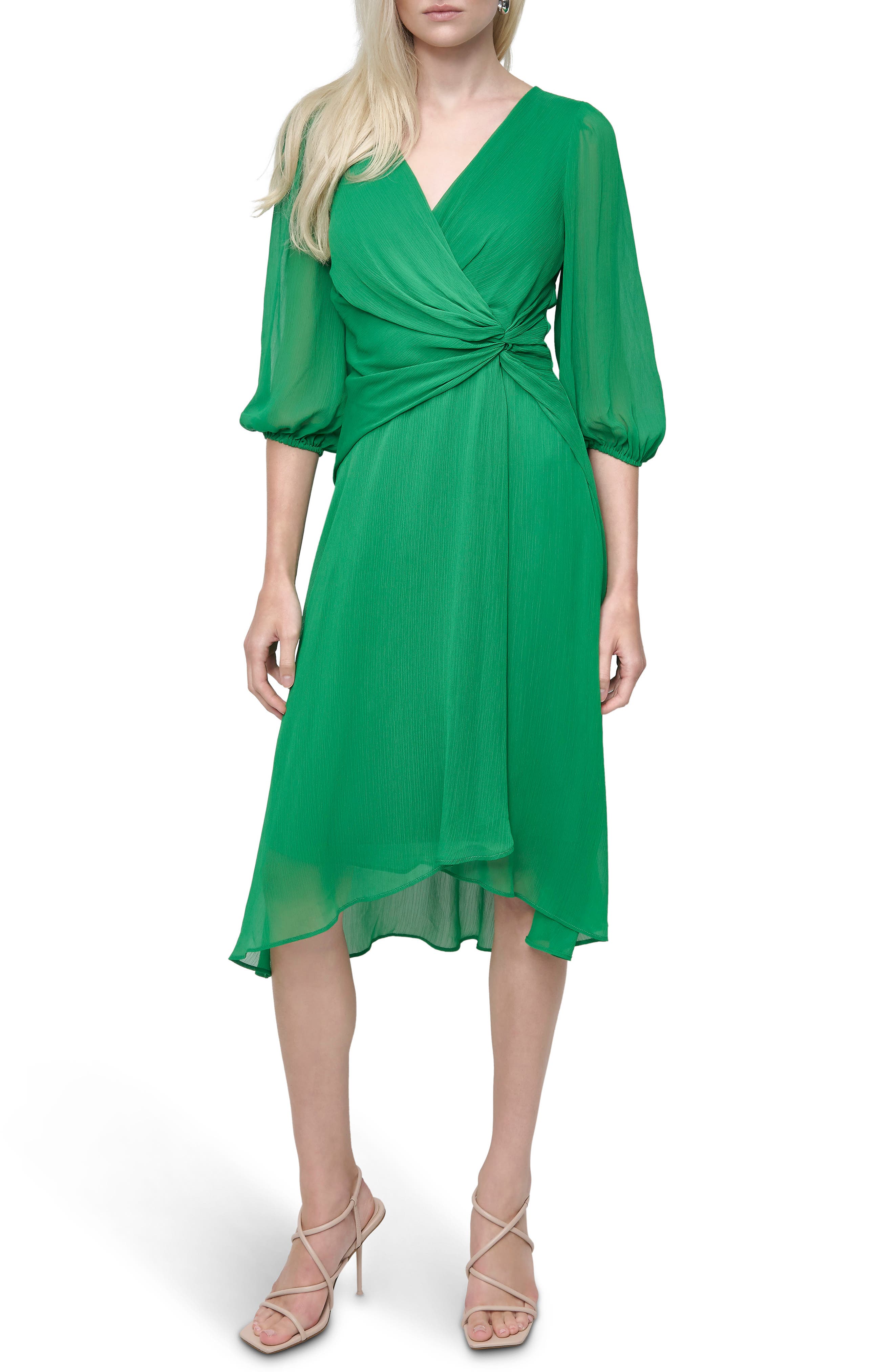 DKNY Puff Sleeve Faux Wrap Midi Dress