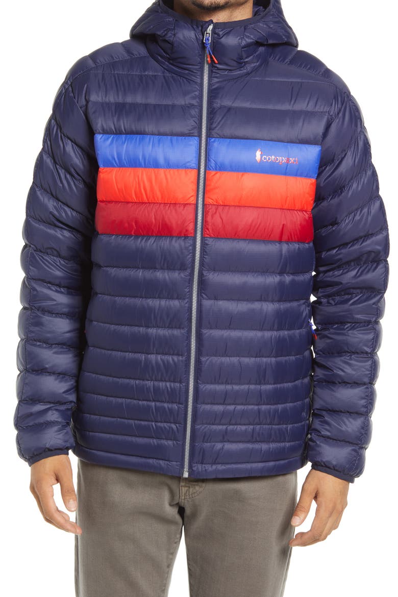 Fuego Water Resistant 800 Fill Power Hooded Down Jacket, Alternate, color, MARITIME/ BLUE VIOLET STRIPES