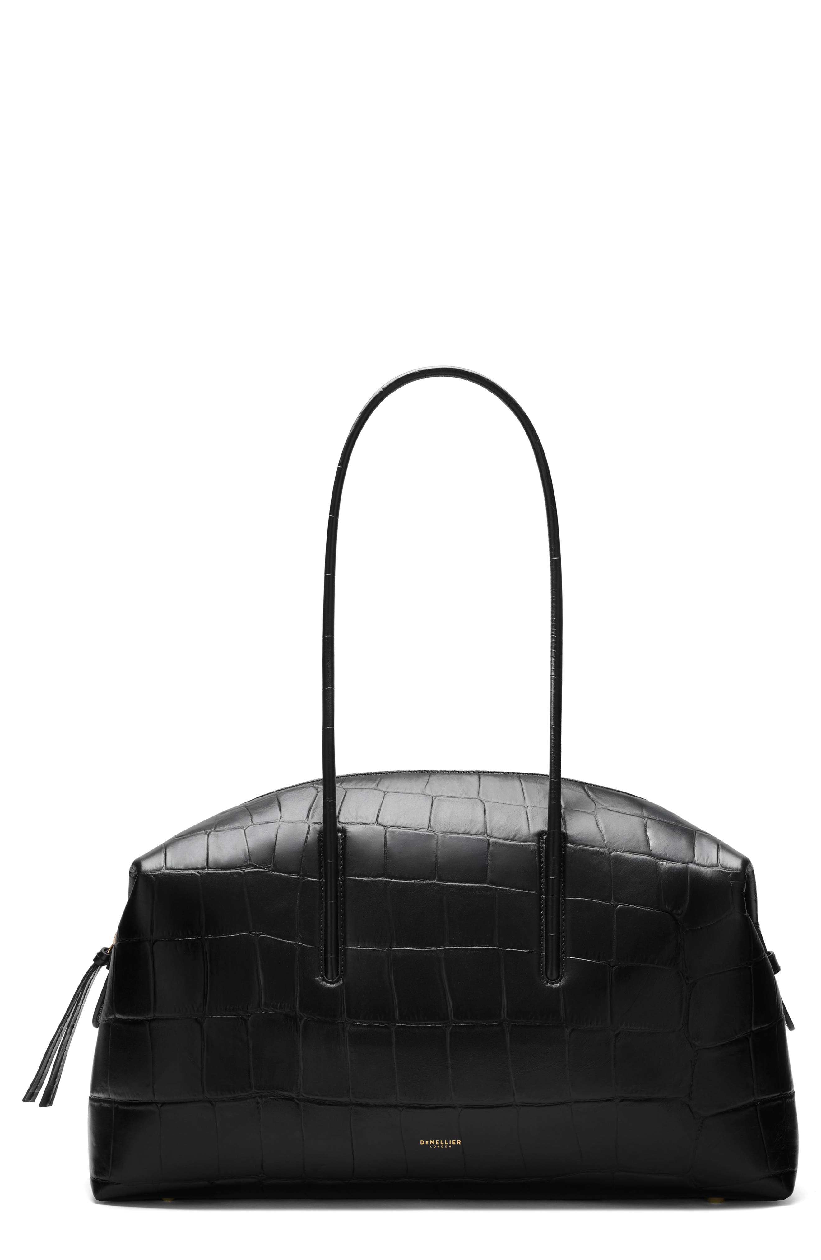 The Stockholm Croc Embossed Leather Shoulder Bag, Main, color, BLACK