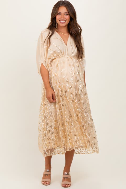 Embroidered Tulle Dolman V-Neck Midi Dress