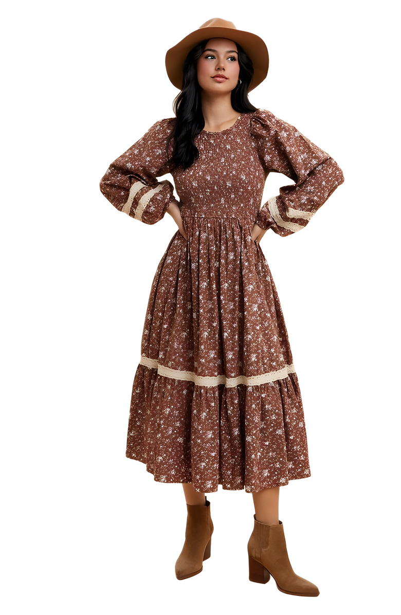 Knit and Lounge Smocked Long Sleeve Midi Dress With Lace Trim, Alternate, color,