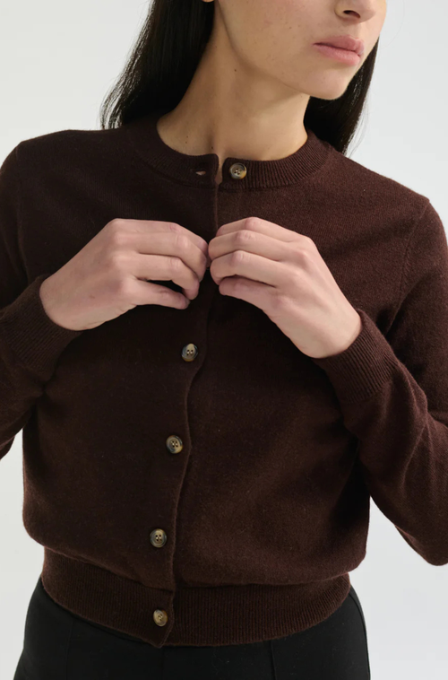 Almina Concept Classic Crew Wool Cardigan In Dark Espresso