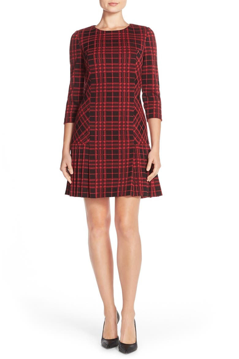 Pleat Plaid Jacquard A-Line Dress, Alternate, color, LIPSTICK/ BLACK