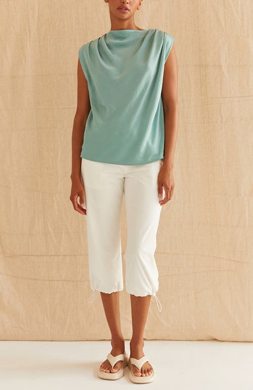 Crescent Cowl Neck Crushed Satin Top In Green