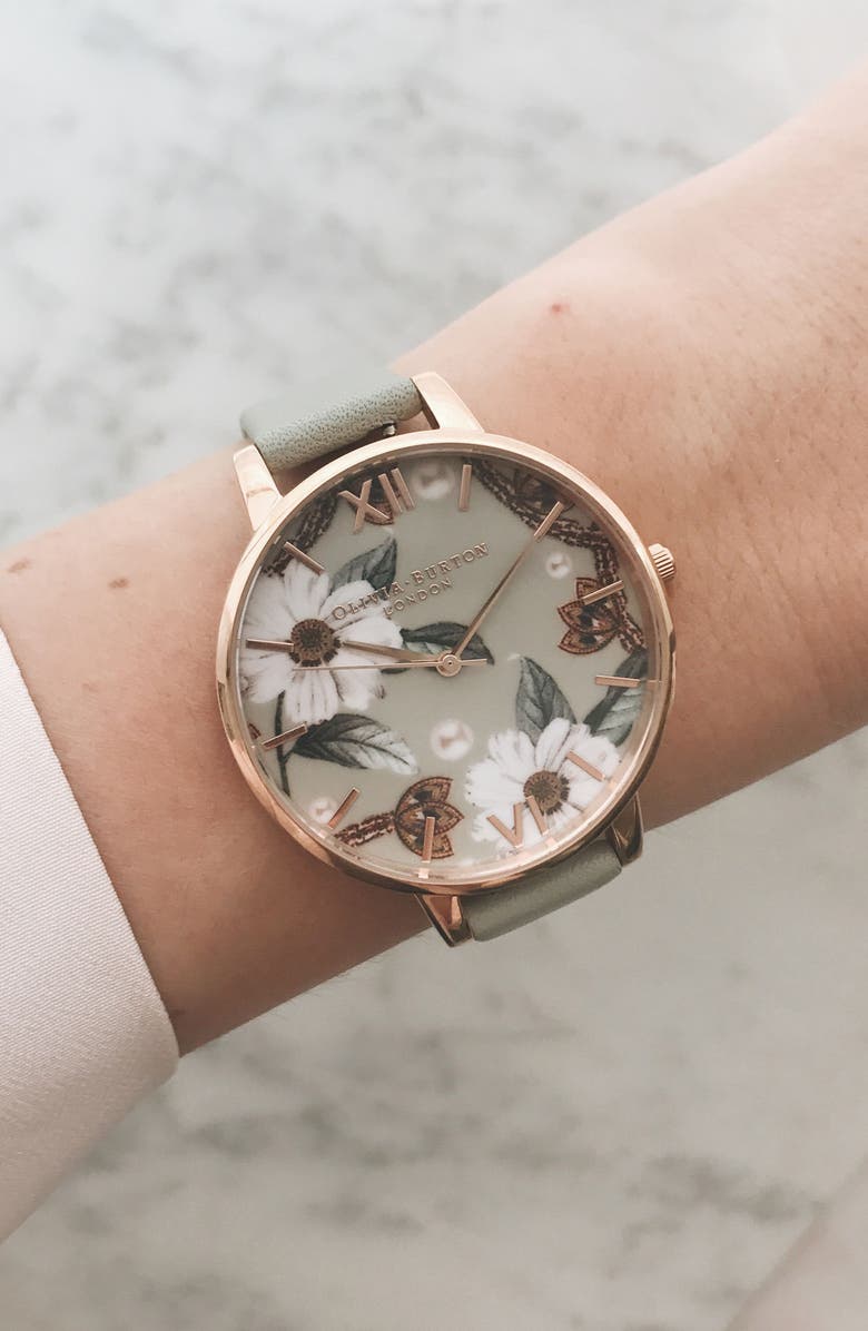 Olivia Burton Bejewelled Leather Strap Watch, 38mm, Alternate, color,