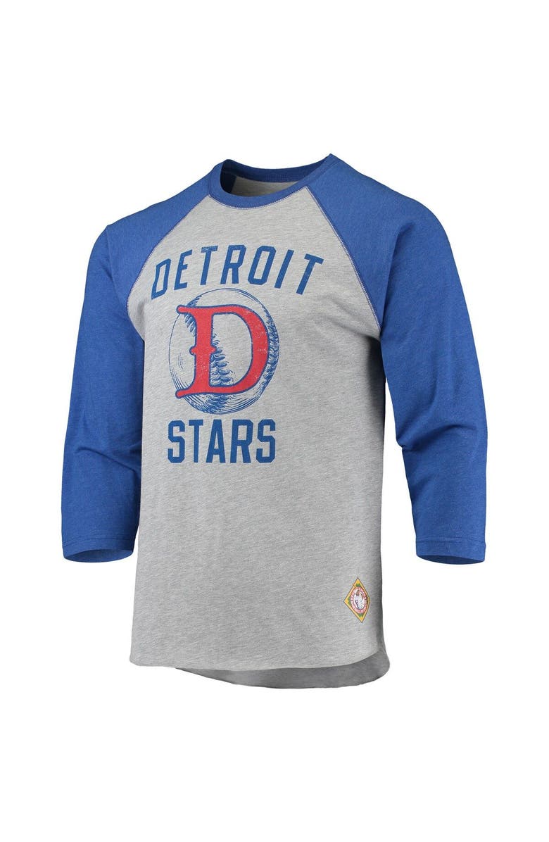 STITCHES Men's Stitches Heathered Gray/Royal Detroit Stars Negro League Wordmark Raglan 3/4-Sleeve T-Shirt, Alternate, color, Heather Gray