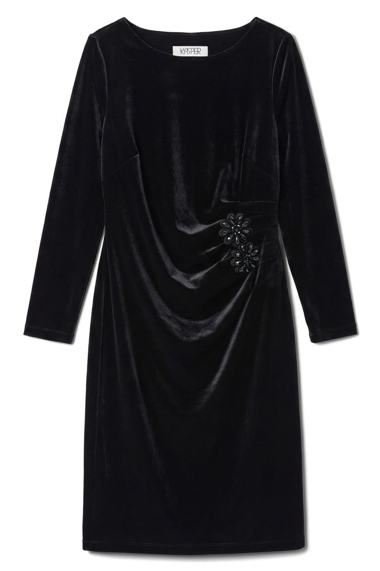 Velvet Side Pleat Sheath Dress, Alternate, color, BLACK