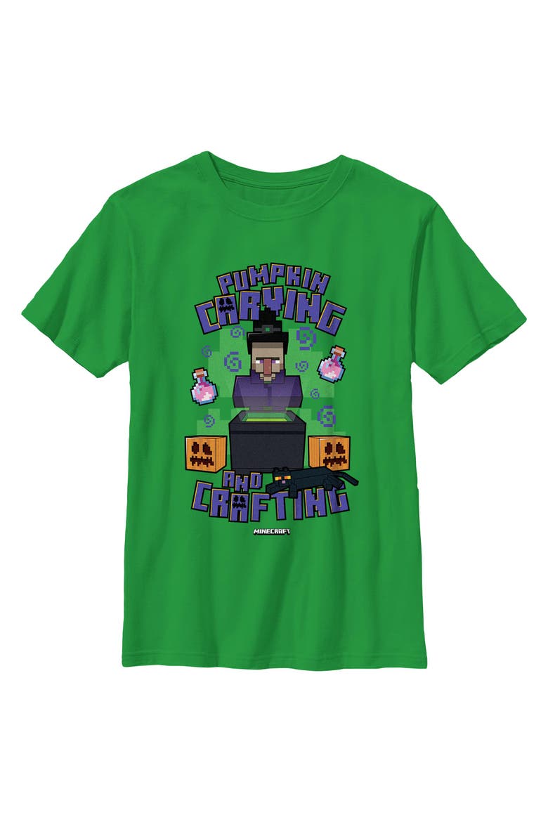 Boys Minecraft Halloween Pumpkin Carving And Crafting T Shirt, Main, color, Kelly Green