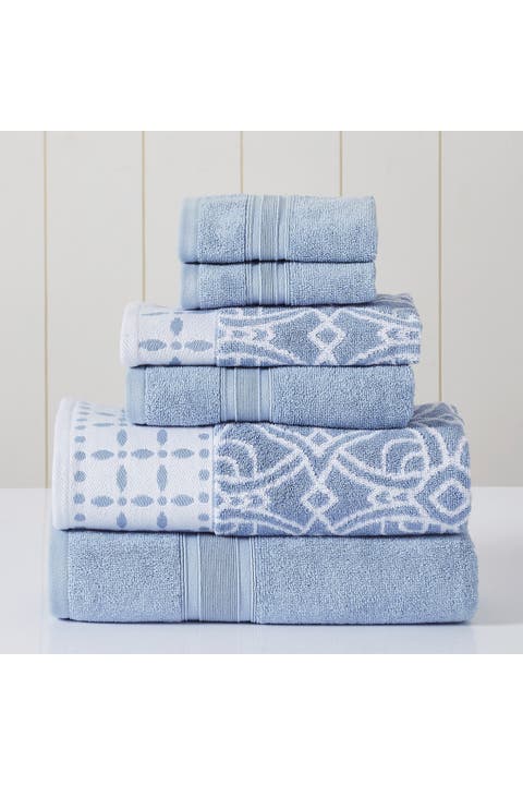 Yarn Dyed Jacquard/Solid Towel 6-Piece Set - Monore Blue
