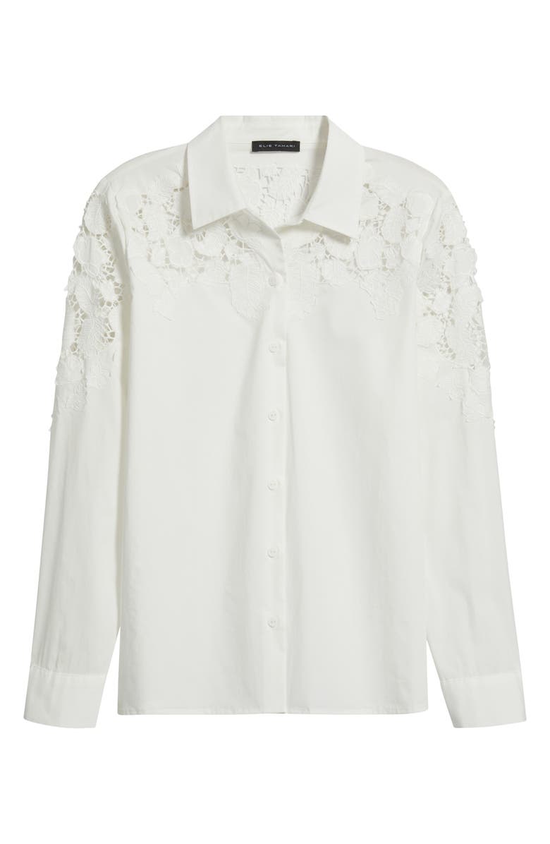 Elie Tahari The Kira Floral Appliqué Button-Up Shirt, Alternate, color, Sky White