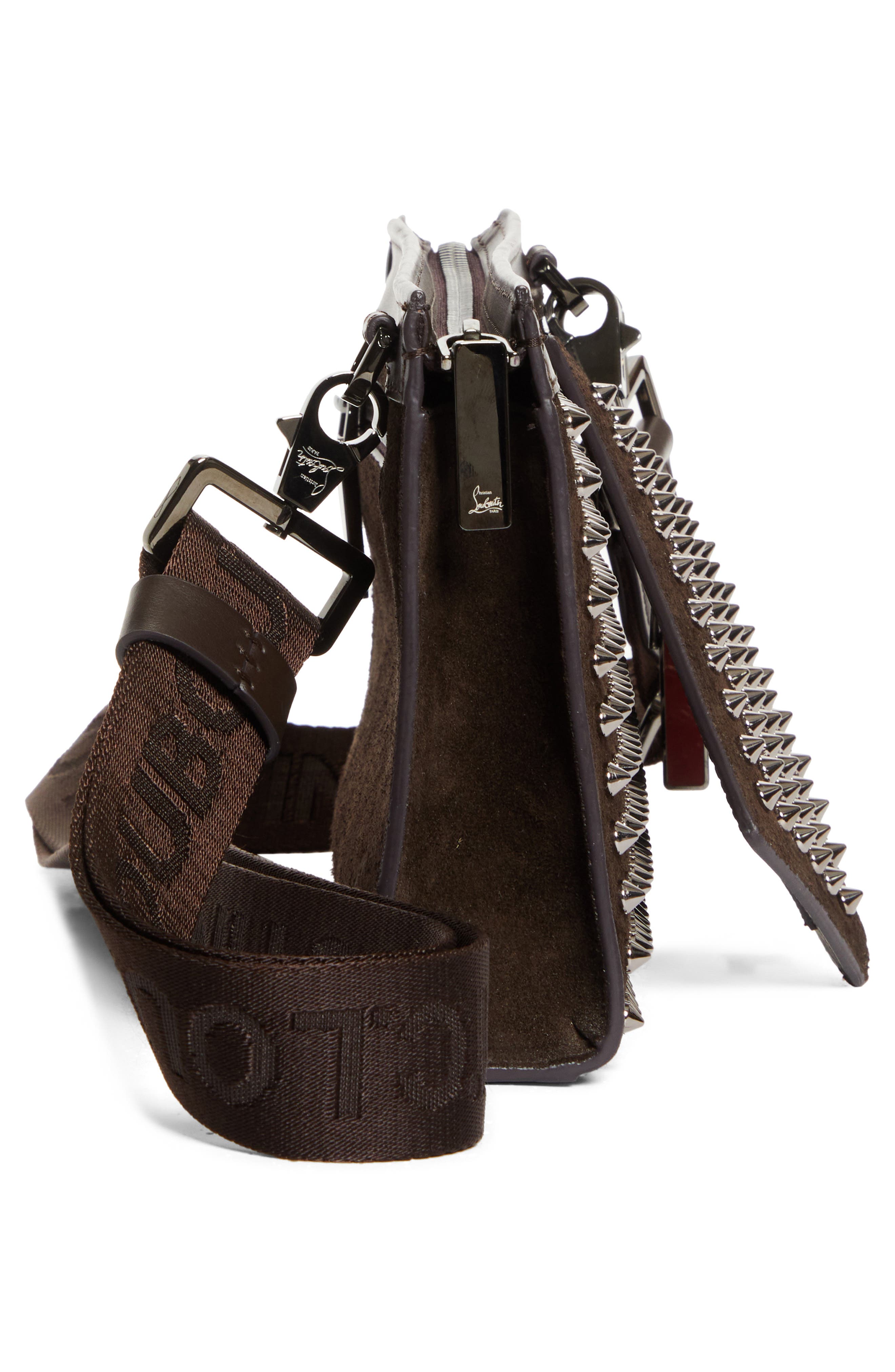 Christian Louboutin Funky Stud Suede Crossbody Bag, Alternate, color, Cafe/ Gun Metal