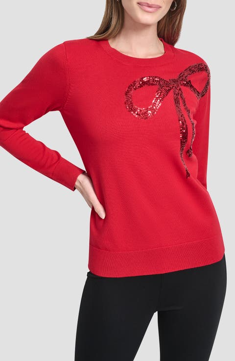 Sequin Bow Embellished Crewneck Sweater